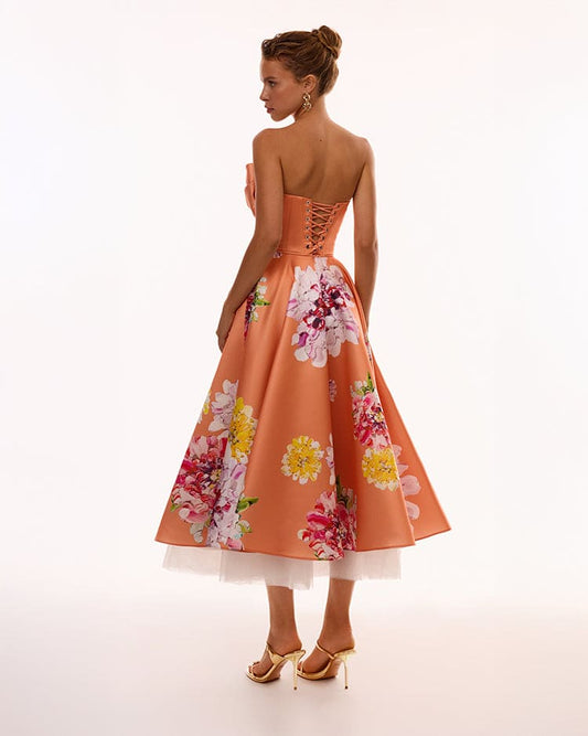 PLAYFUL ORANGE FLORAL MIDI DRESS WITH BOW, GLOW-UP