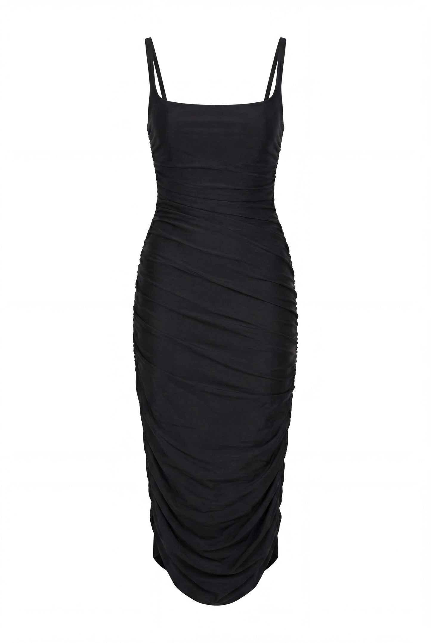 BLACK DRAPED MIDI DRESS