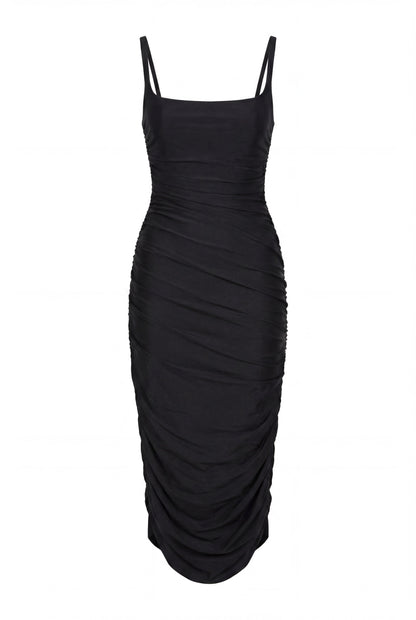 BLACK DRAPED MIDI DRESS