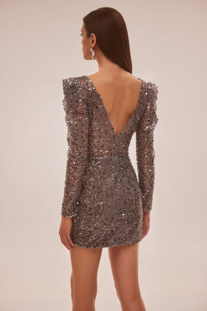 SILVER METALLIC LONG-SLEEVE SEQUINED MINI DRESS