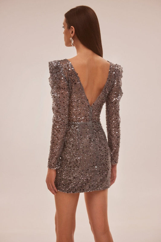 SILVER METALLIC LONG-SLEEVE SEQUINED MINI DRESS