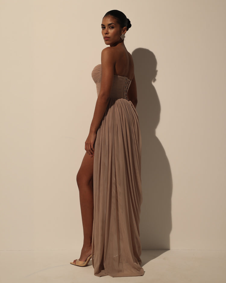 DRESS WITH CORSET BODICE AND DRAPING