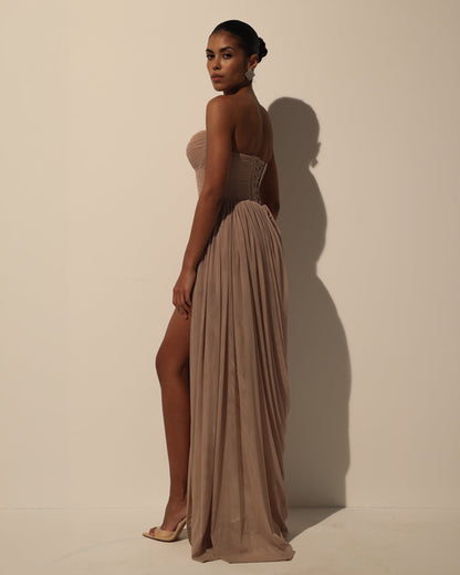 DRESS WITH CORSET BODICE AND DRAPING