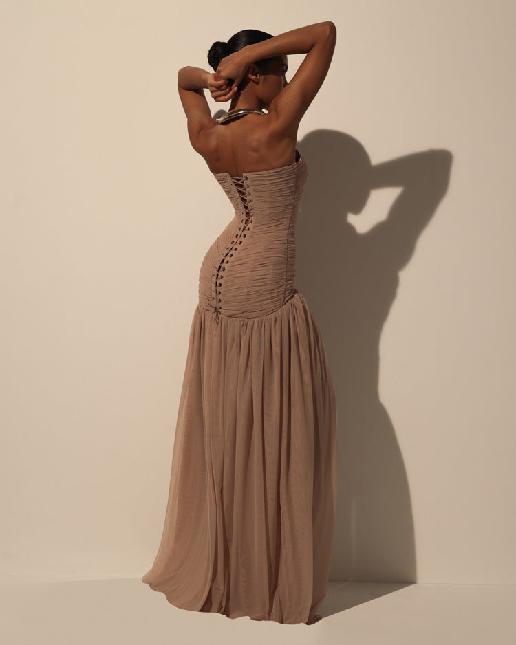 MAXI DRESS IN ITALIAN MESH WITH CORSET BODICE