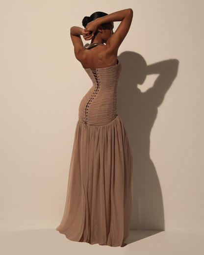MAXI DRESS IN ITALIAN MESH WITH CORSET BODICE