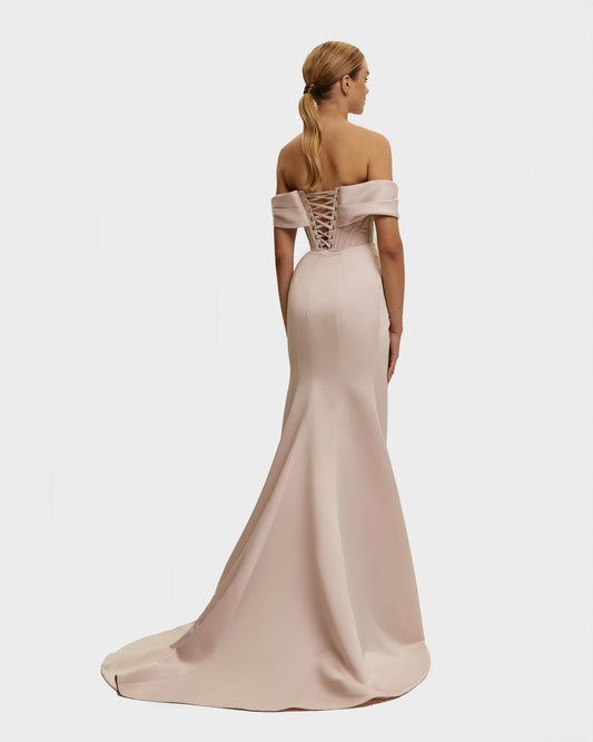 MISTY ROSE PRINCESS STRAPLESS GOWN WITH THIGH SLIT