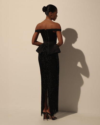 BLACK SEMI-SHEER EMBROIDERED LACE MAXI SKIRT