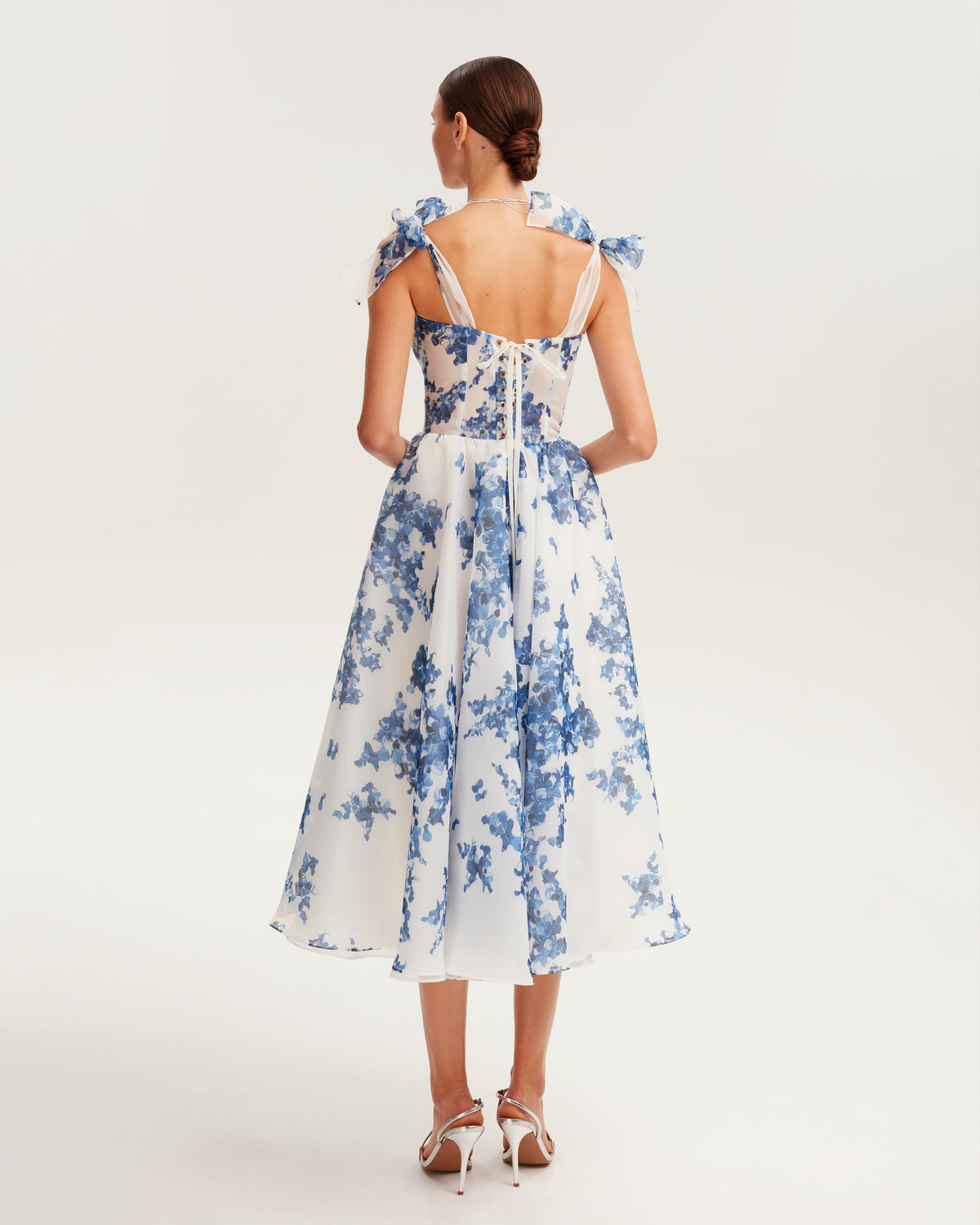 CHARMING BLUE HYDRANGEA-PATTERNED ORGANZA MIDI DRESS, GARDEN OF EDEN