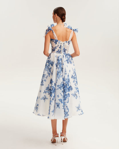 CHARMING BLUE HYDRANGEA-PATTERNED ORGANZA MIDI DRESS, GARDEN OF EDEN