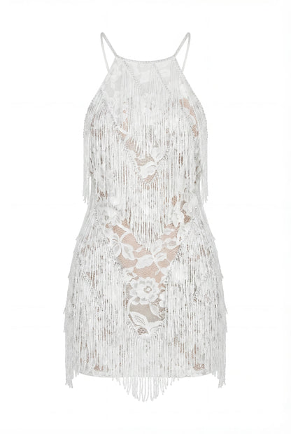IVORY LACE MINI DRESS WITH BEADED FRINGE