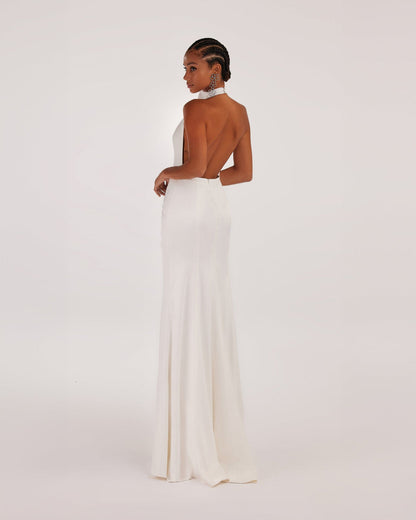 WHITE MOCK NECK SLEEVELESS LOW SLIT DRESS