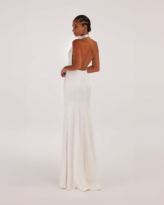 WHITE MOCK NECK SLEEVELESS LOW SLIT DRESS