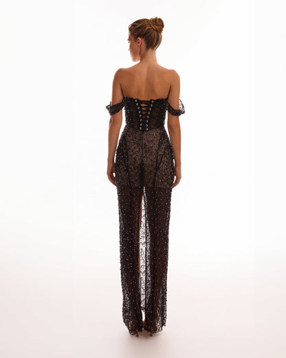 STRIKING BLACK SEQUINED FITTED MAXI DRESS, MIDNIGHT WALK