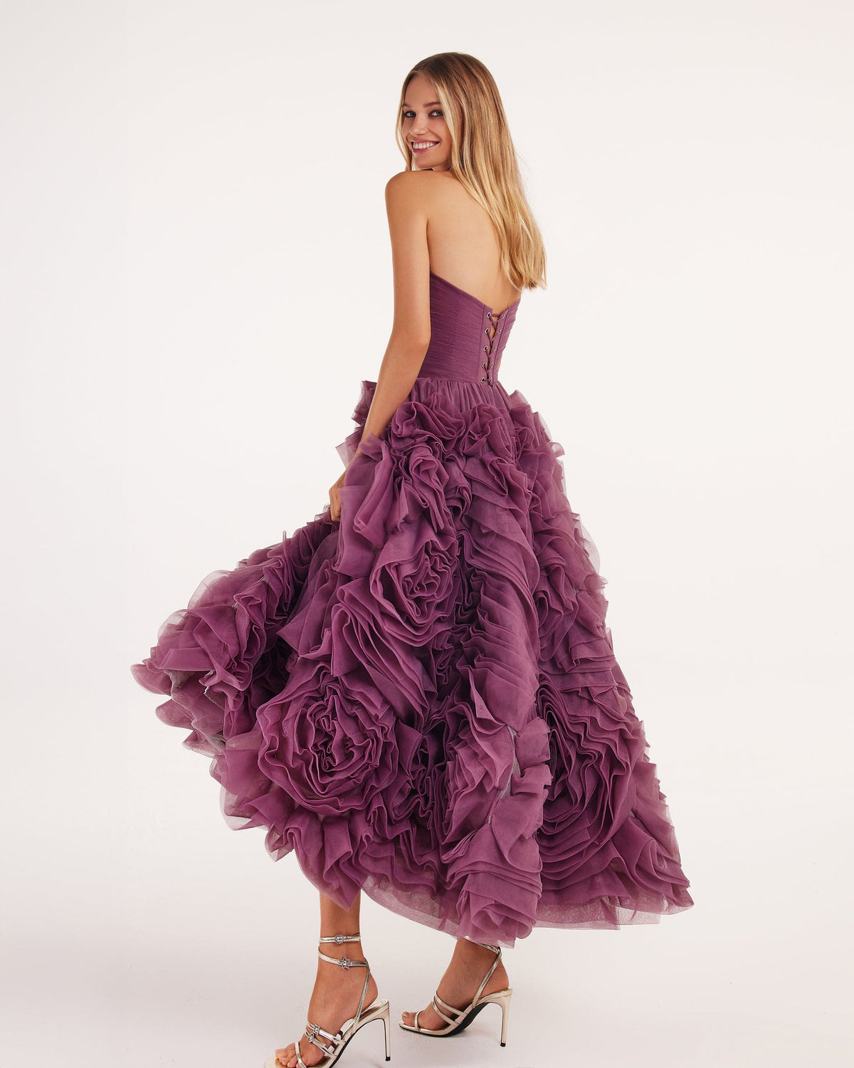 DRAMATICALLY FLOWERED TULLE DRESS IN WINE COLOR