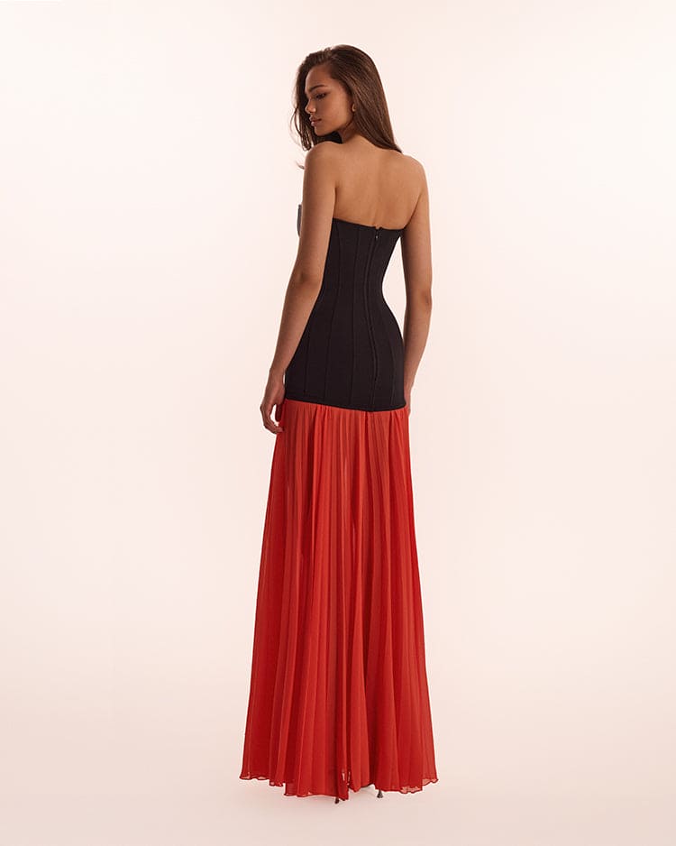 BLACK&CORAL DRESS WITH A PLEATED SKIRT, PARISIENNE