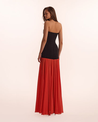 BLACK&CORAL DRESS WITH A PLEATED SKIRT, PARISIENNE