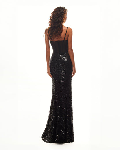 SENSATIONAL BLACK MAXI ON SPAGHETTI STRAPS COVERED IN SEQUINS, SMOKY QUARTZ