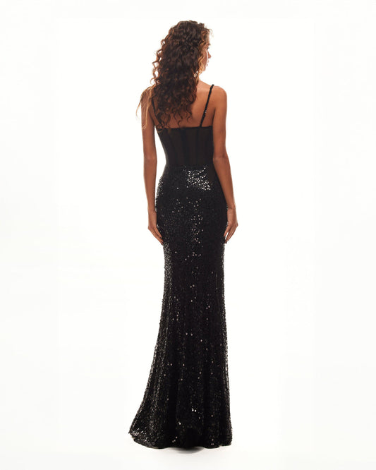 SENSATIONAL BLACK MAXI ON SPAGHETTI STRAPS COVERED IN SEQUINS, SMOKY QUARTZ