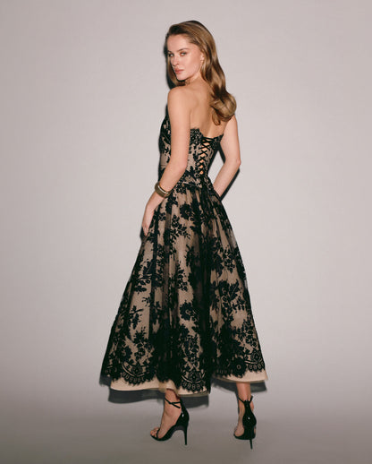 BEIGE A-LINE MIDI SKIRT WITH CHANTILLY LACE