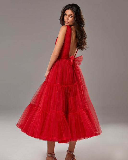 RED TENDER MIDI PLUNGING NECKLINE CUT OUT DRESS