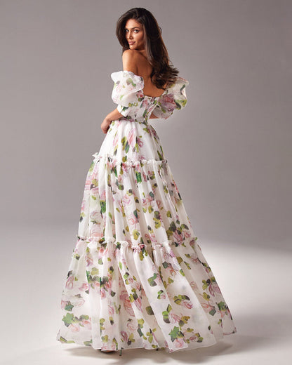 APPLE BLOSSOM FEMININE VOLUMINOUS SHEER SLEEVES DRESS