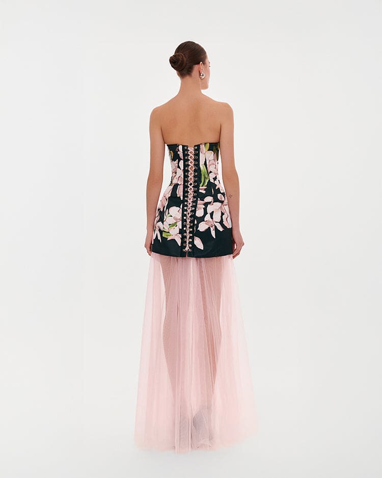 2-IN-1 FLORAL MINI DRESS WITH A DETACHABLE CANDY PINK SHEER UNDERSKIRT