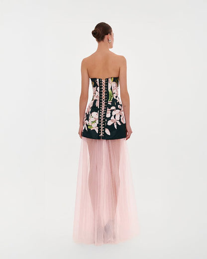2-IN-1 FLORAL MINI DRESS WITH A DETACHABLE CANDY PINK SHEER UNDERSKIRT