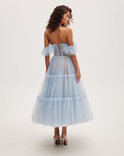 LIGHT BLUE RUFFLED TULLE MIDI DRESS