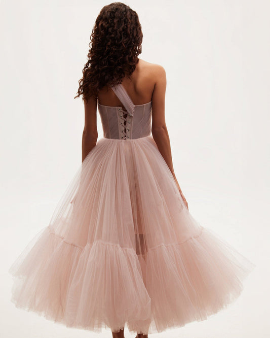 MISTY ROSE ONE-SHOULDER COCKTAIL TULLE DRESS