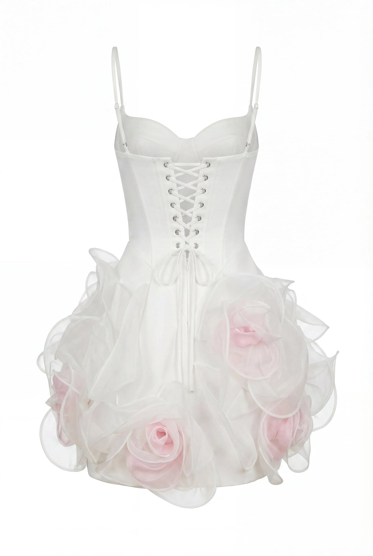 WHITE MINI DRESS WITH SATIN CORSET AND 3D FLORAL SKIRT