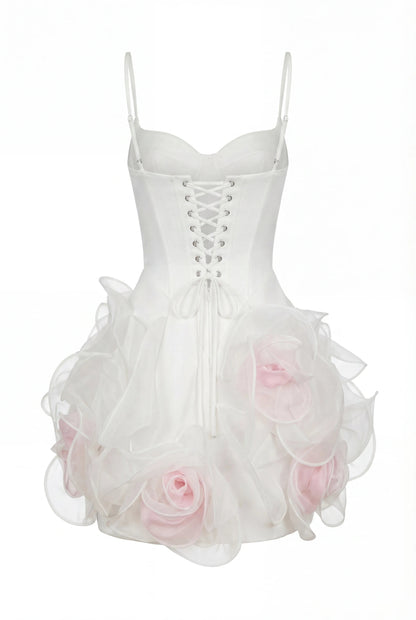 WHITE MINI DRESS WITH SATIN CORSET AND 3D FLORAL SKIRT