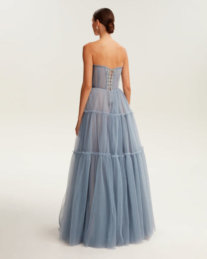 CLOUDY BLUE TULLE MAXI DRESS WITH RUFFLED SKIRT, GARDEN OF EDEN