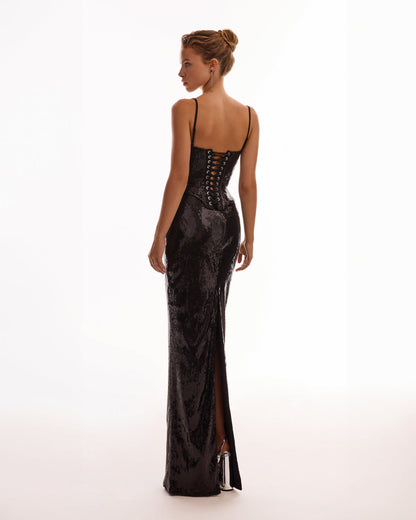 DRAMATIC FITTED SEQUINED BLACK MAXI SKIRT, MIDNIGHT WALK