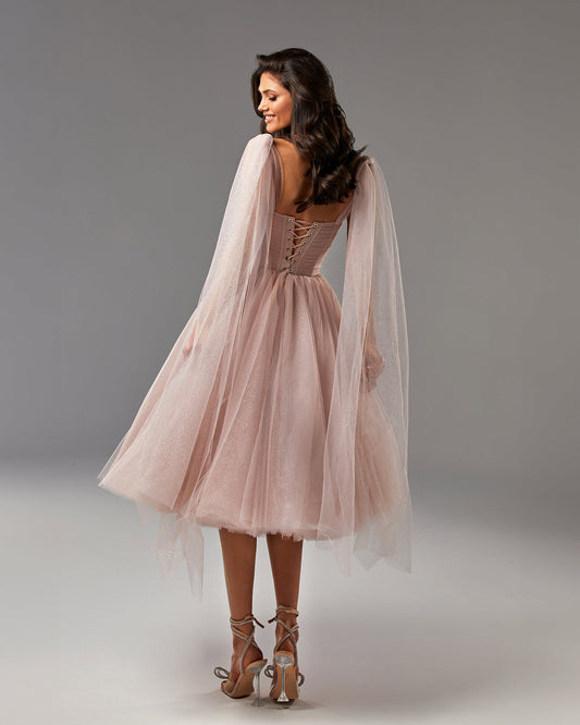 MISTY ROSE SPARKLY OFF-THE-SHOULDER TULLE DRESS