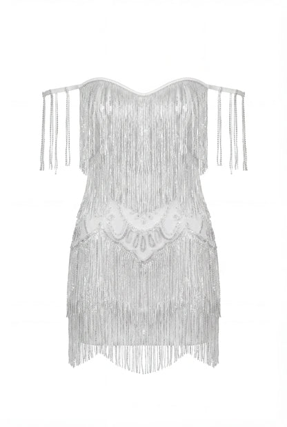 IVORY MINI DRESS WITH SILVER FRINGE