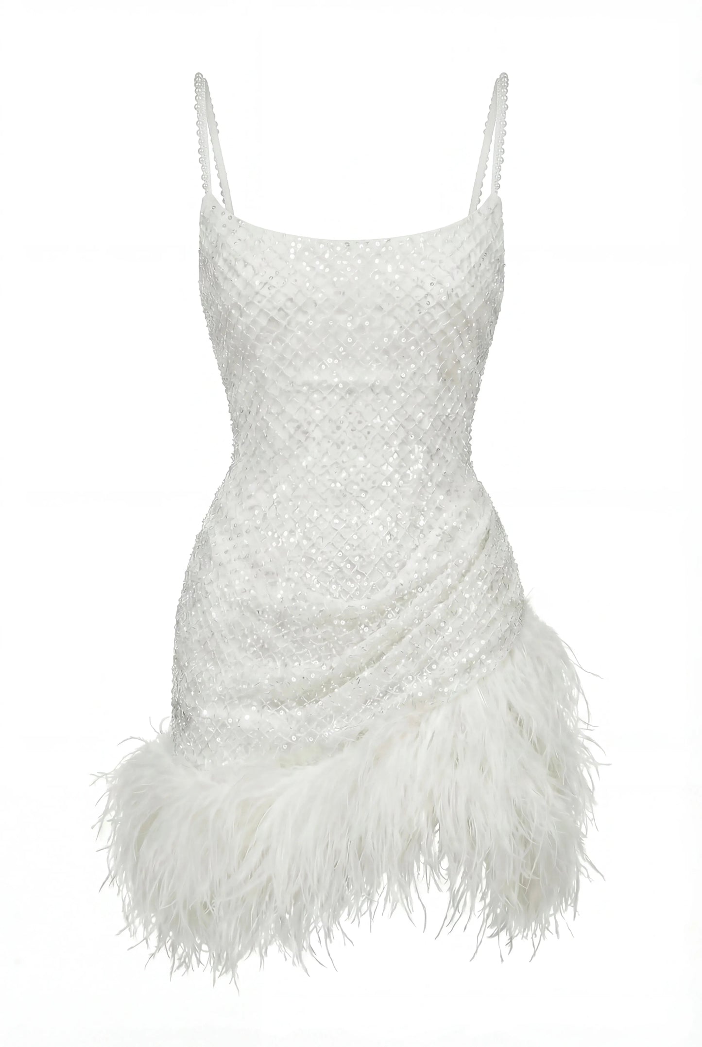CORSET MINI IVORY DRESS WITH PEARLS AND FEATHERS