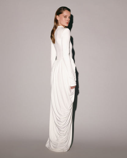 WHITE MAXI DRESS WITH SLIT AND LONG SLEEVES