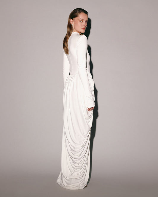 WHITE MAXI DRESS WITH SLIT AND LONG SLEEVES