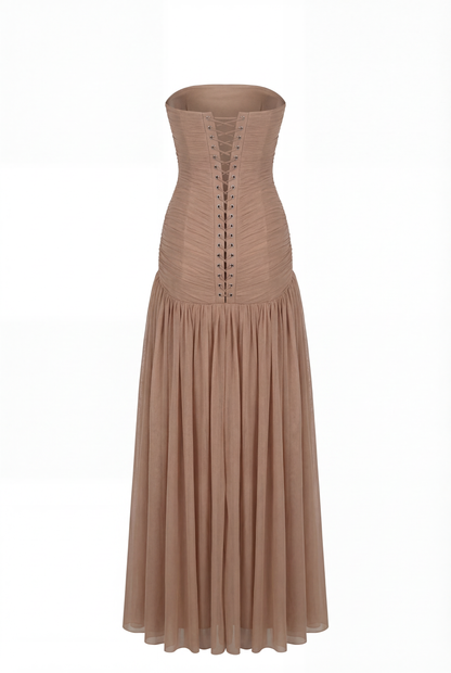 MAXI DRESS IN ITALIAN MESH WITH CORSET BODICE