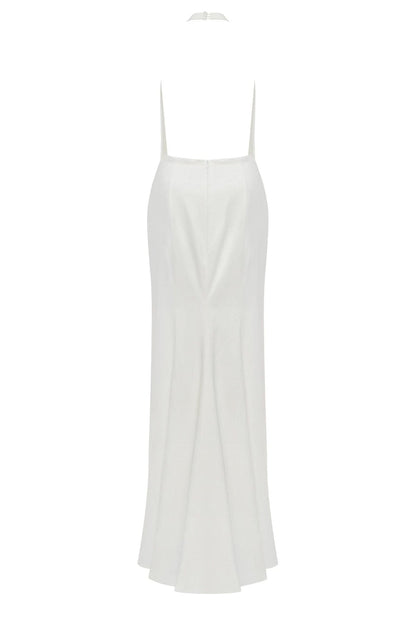 WHITE MOCK NECK SLEEVELESS LOW SLIT DRESS