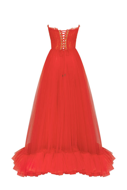 AIRY TULLE MAXI DRESS IN FIERY CORAL