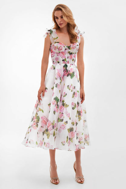 TENDER FLORAL MIDI TIE-STRAP DRESS