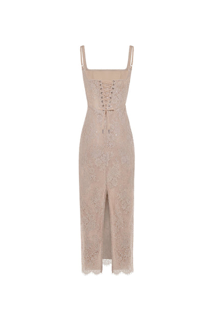 BEIGE SEQUINNED MAXI DRESS