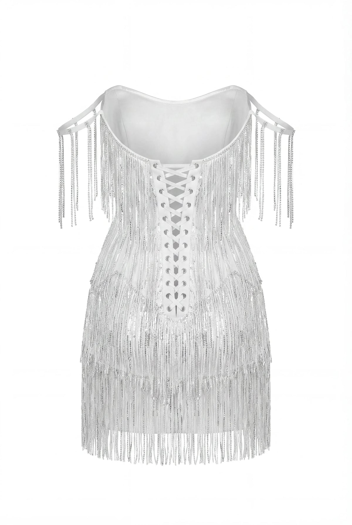 IVORY MINI DRESS WITH SILVER FRINGE
