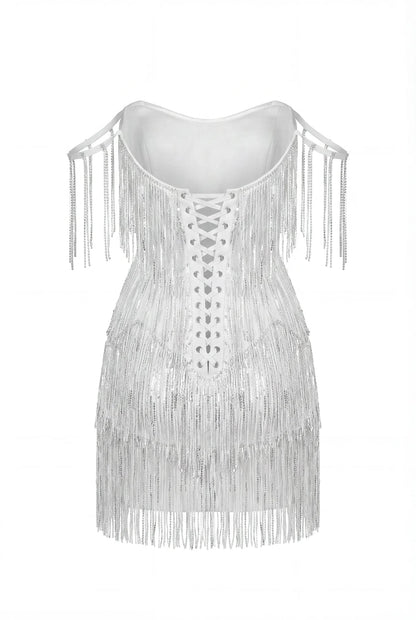 IVORY MINI DRESS WITH SILVER FRINGE