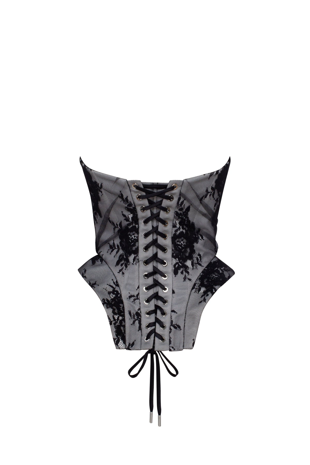 BLACK LACE OVER THE WHITE MESH PEPLUM CORSET WITH AN OVERSIZED BOW, PARISIENNE