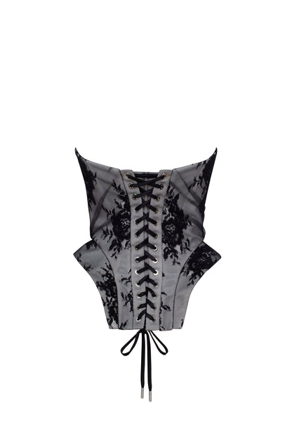 BLACK LACE OVER THE WHITE MESH PEPLUM CORSET WITH AN OVERSIZED BOW, PARISIENNE