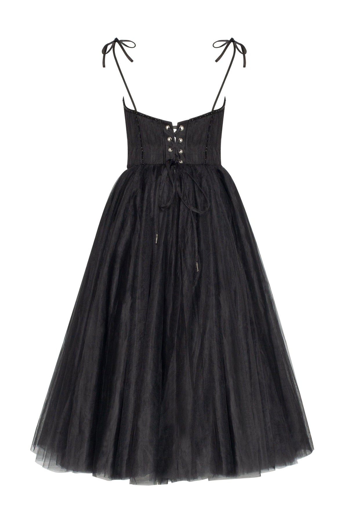 BLACK TIE-STRAP COCKTAIL DRESS WITH THE ELEGANT CORSET EMBROIDERY