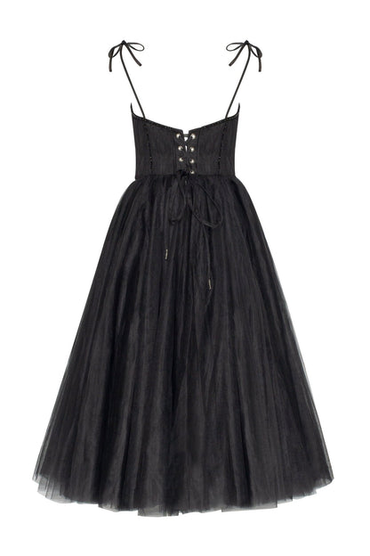 BLACK TIE-STRAP COCKTAIL DRESS WITH THE ELEGANT CORSET EMBROIDERY