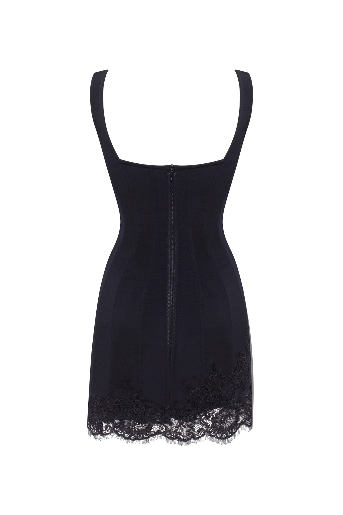 SULTRY BLACK CORSET MINI DRESS WITH LACE HEM, PARISIENNE